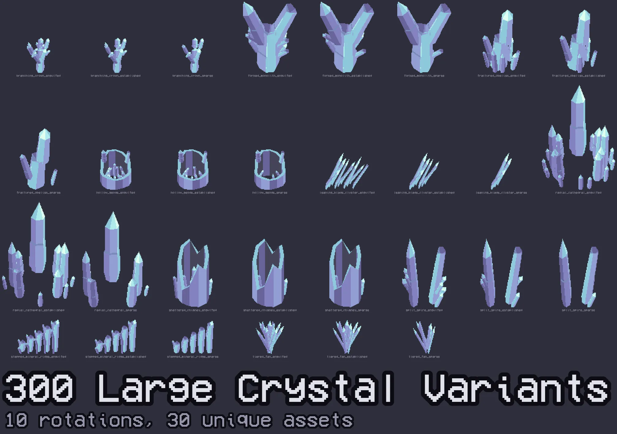 300 large crystal variants — 10 rotations, 30 unique assets.