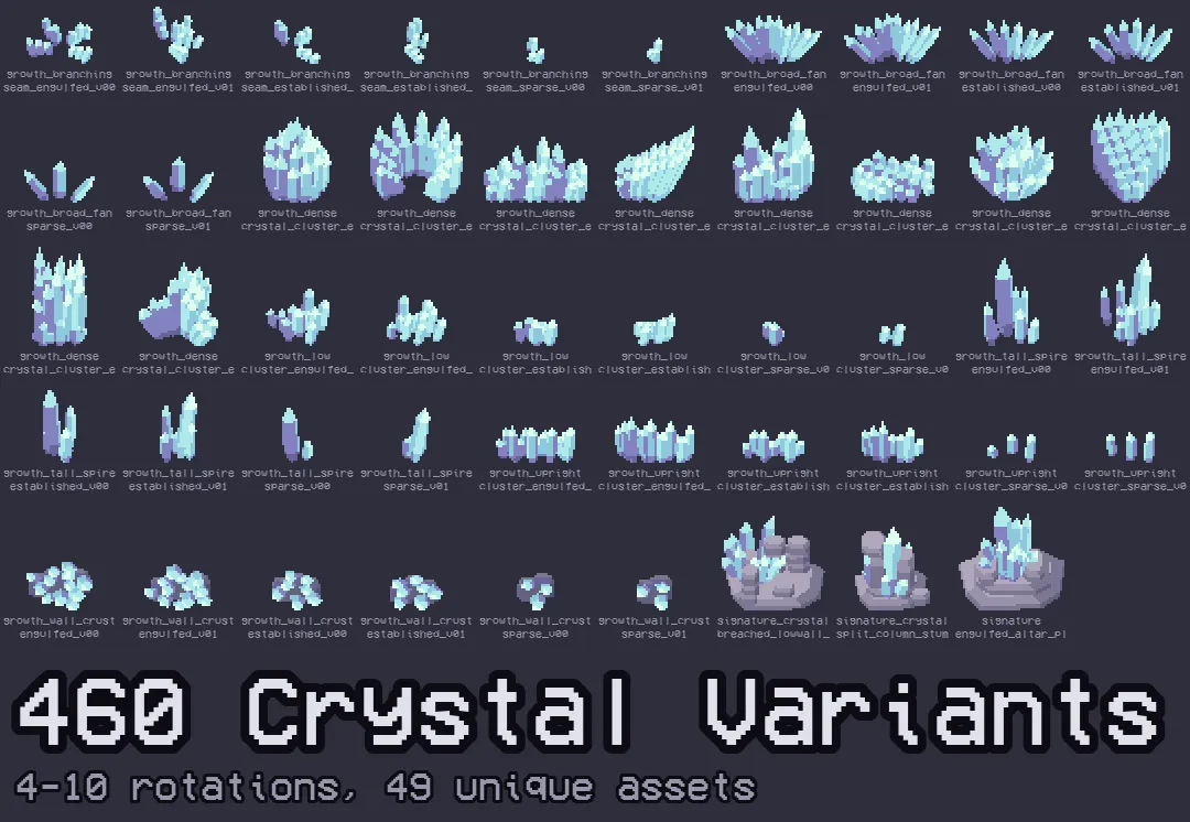 460 crystal variants — 4-10 rotations, 49 unique assets.