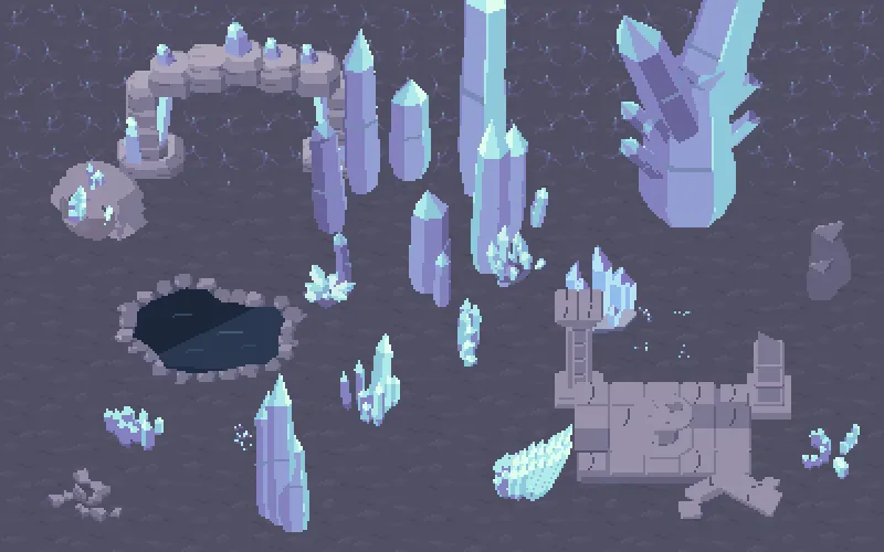 Pieces laid out in the open: crystals, rocks, ruins, water and a rule-tiled floor.