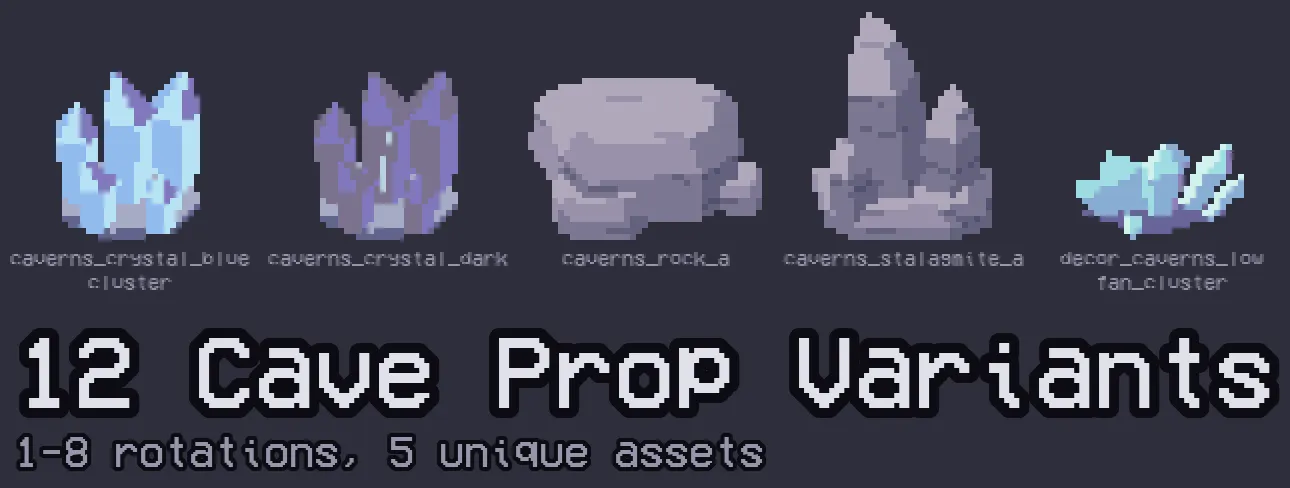 12 cave prop variants — 1-8 rotations, 5 unique assets.