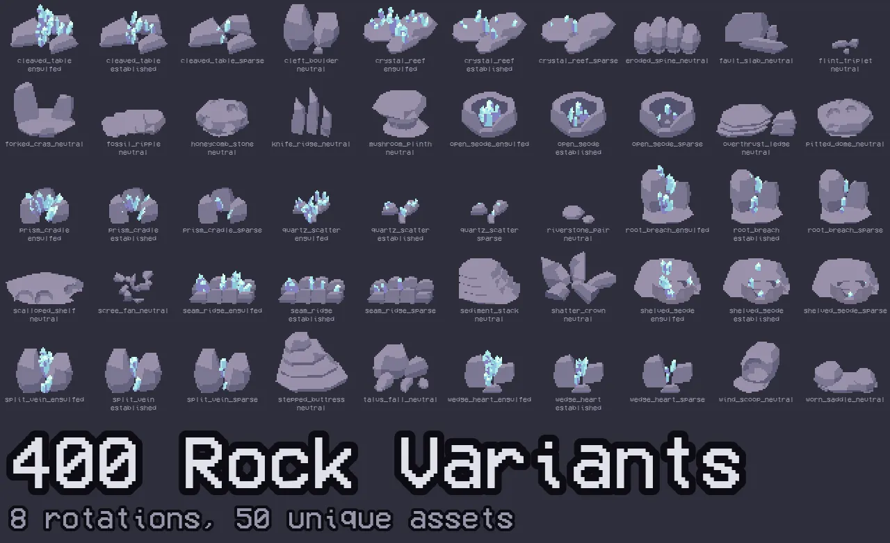 400 rock variants — 8 rotations, 50 unique assets.