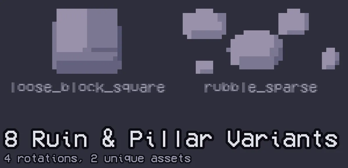 8 ruin & pillar variants — 4 rotations, 2 unique assets.