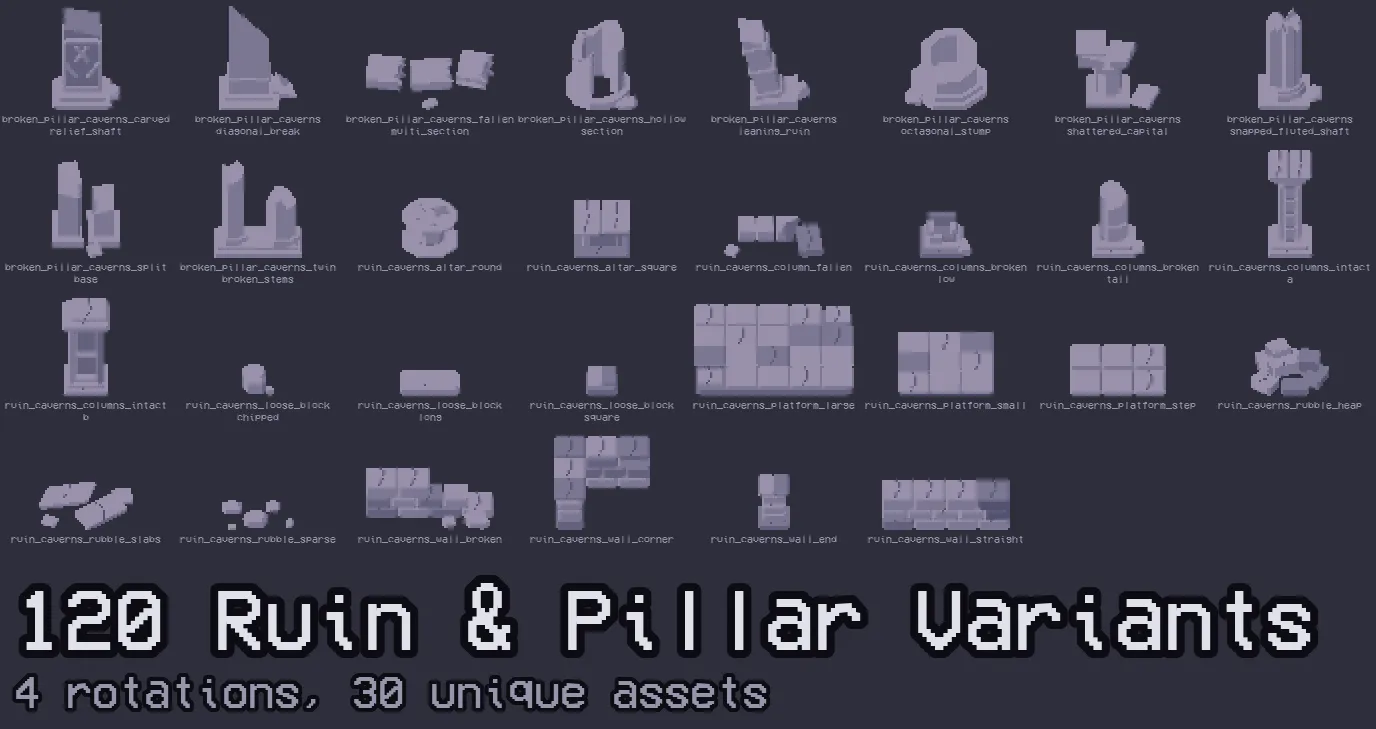 120 ruin & pillar variants — 4 rotations, 30 unique assets.