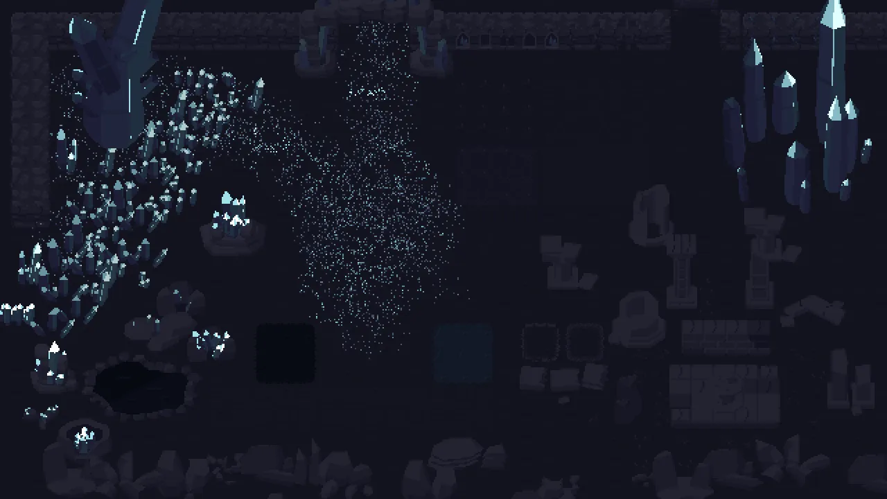 The same room with the lights off — the emission masks are what still glows.