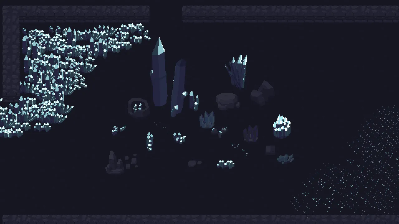 The same room with the lights off — the emission masks are what still glows.