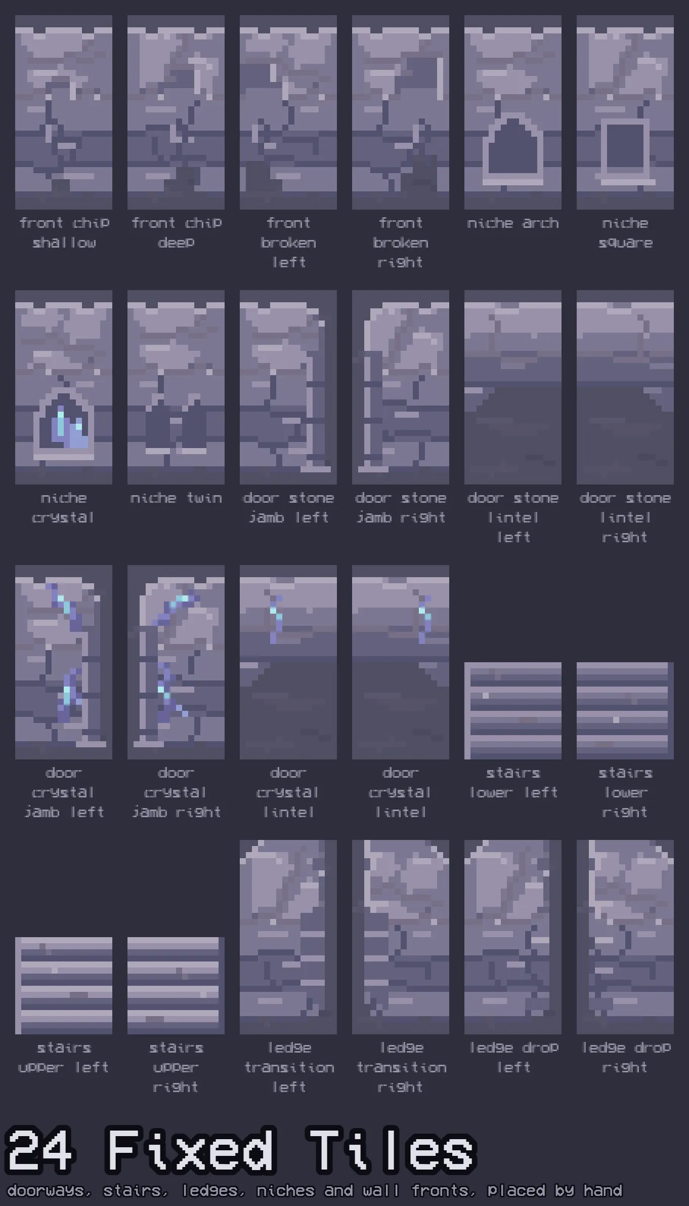 24 fixed tiles: doorways, stairs, ledges, niches and wall fronts, placed by hand.